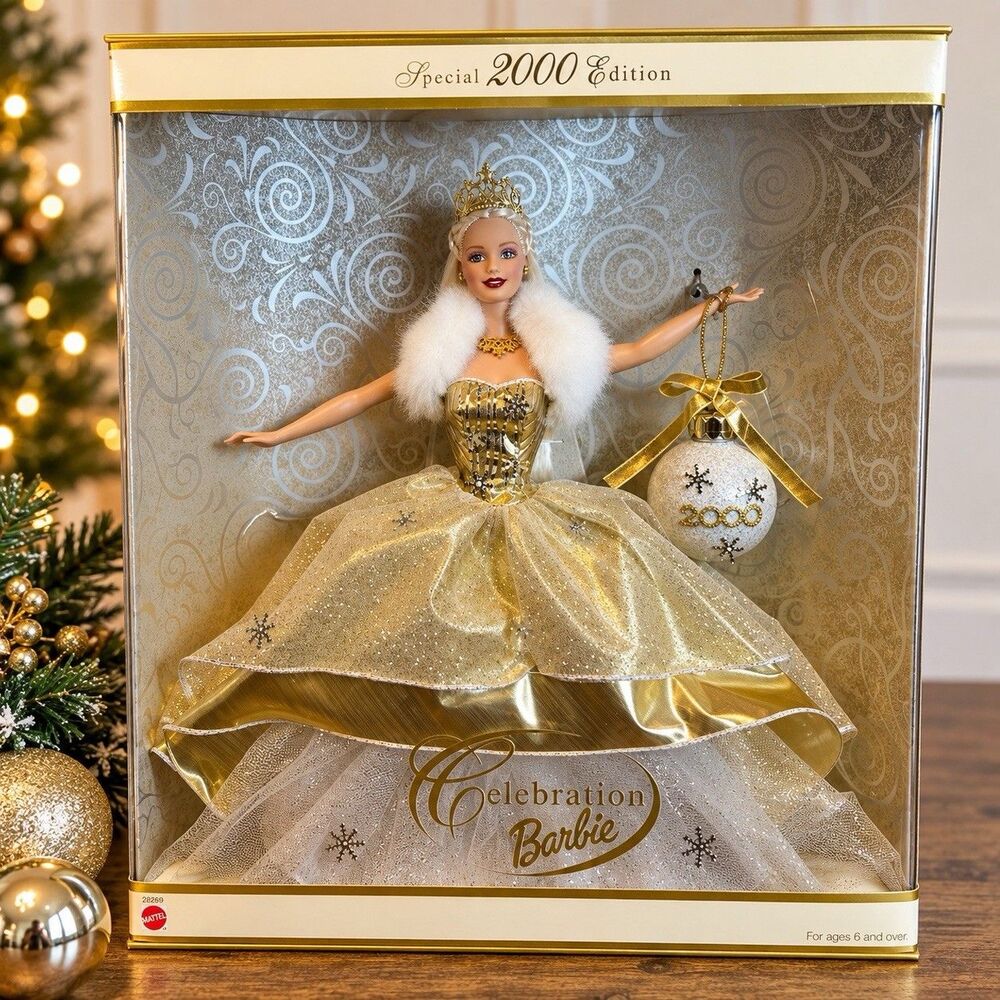 2000 Celebration Barbie Special Edition Gold Gown Ornament NRFB Mattel Doll Box